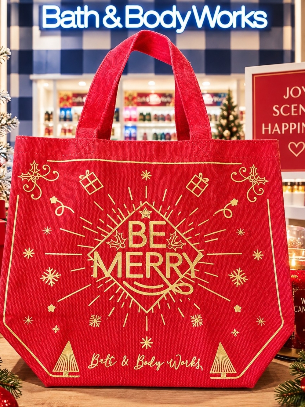 Bath & Body Works Red Tote with Gold 'Be Merry' Design 10hx12w